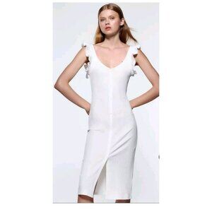 ZARA Ribbed Dress With Buttons Oyster White Size M NWT 5584 371